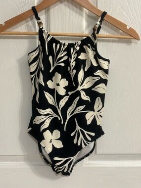 Abercrombie Kids Girls One Piece Swimsuit Black White Floral Size 7/8 LN